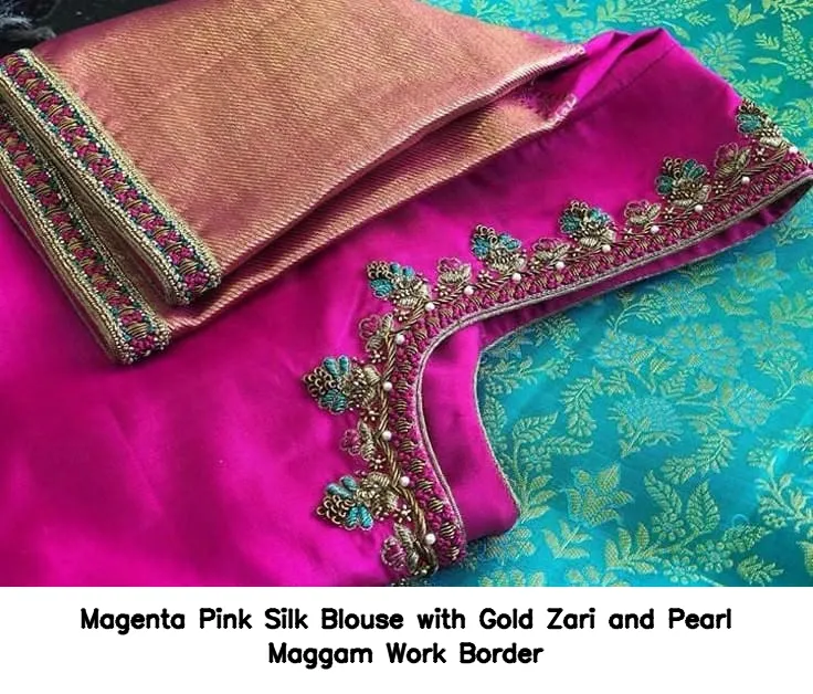 Magenta Pink Silk Blouse with Gold Zari and Pearl Maggam Work Border