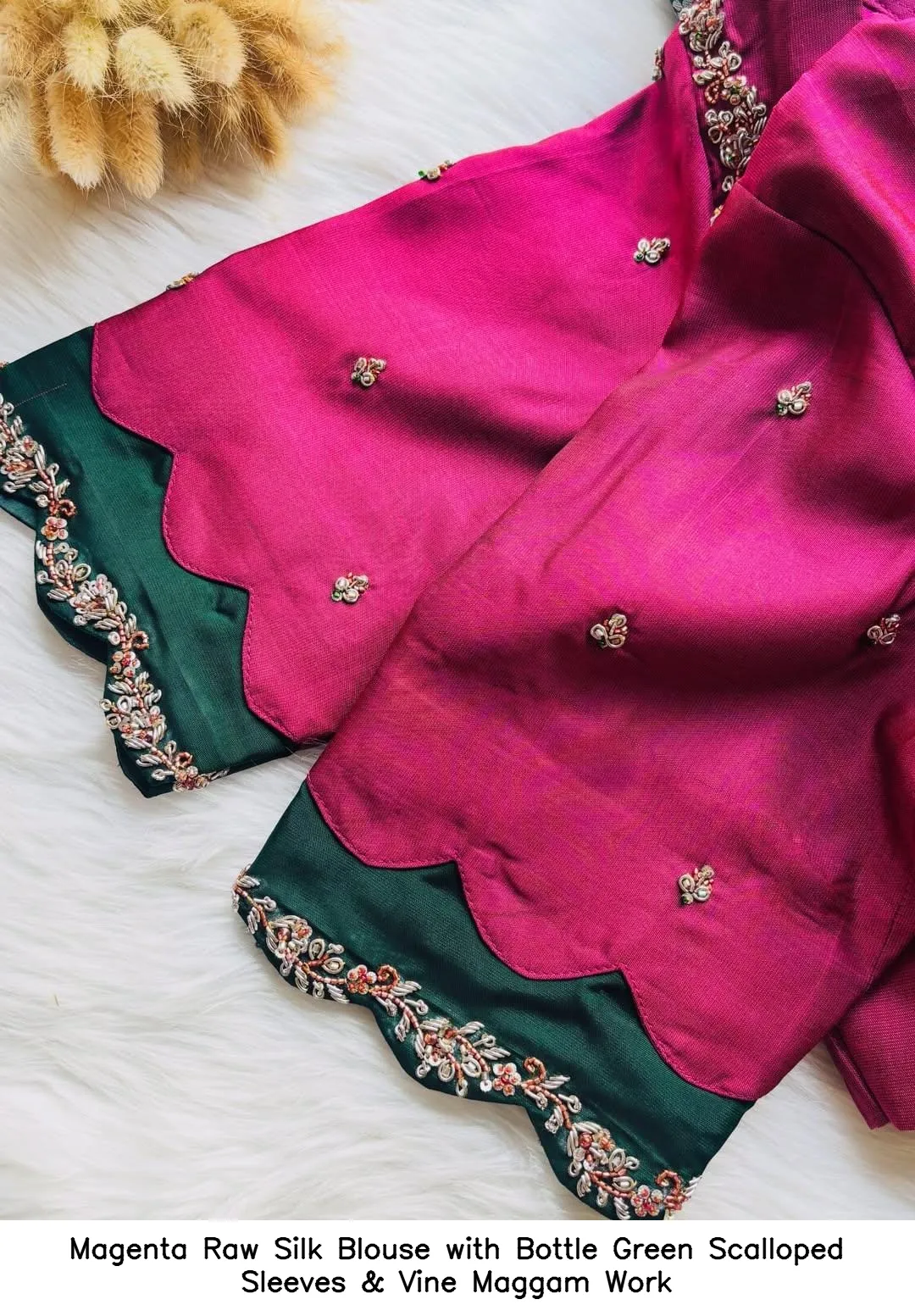 Magenta Raw Silk Blouse with Bottle Green Scalloped Sleeves & Vine Maggam Work