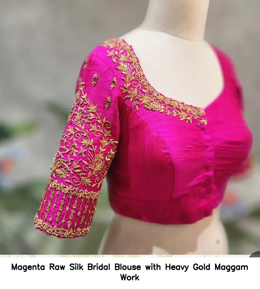 Magenta Raw Silk Bridal Blouse with Heavy Gold Maggam Work