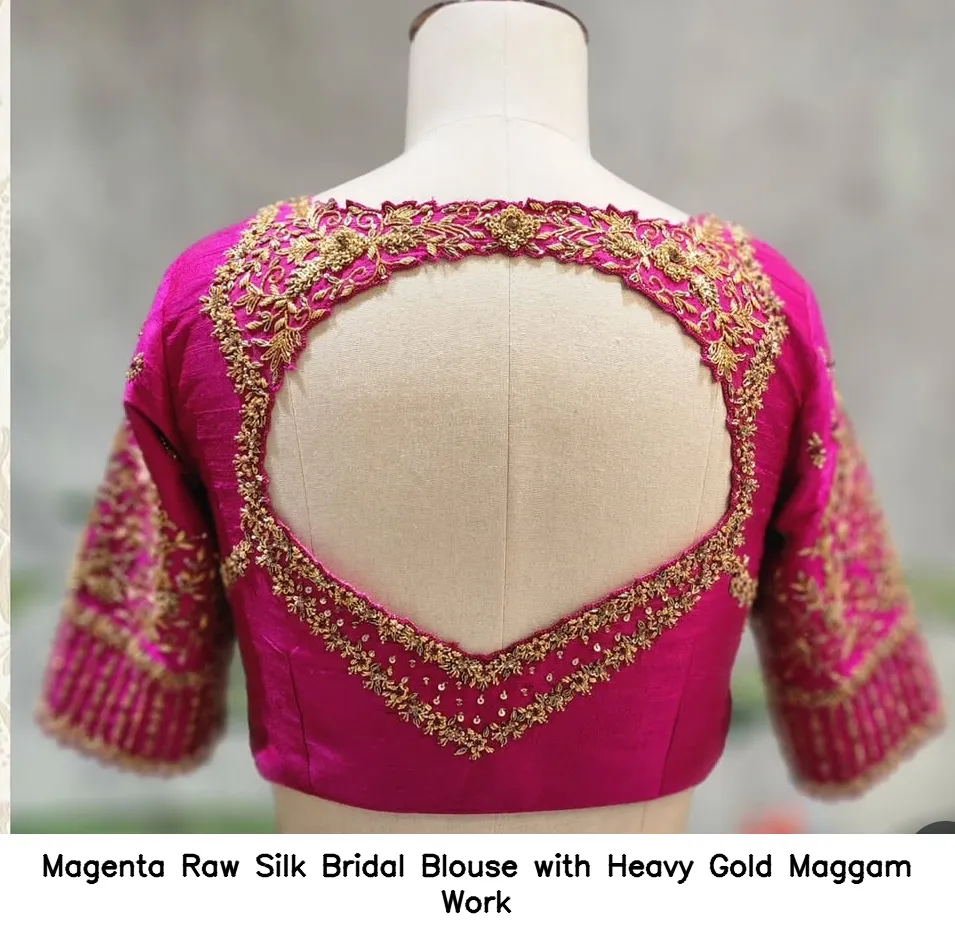 Magenta Raw Silk Bridal Blouse with Heavy Gold Maggam Work