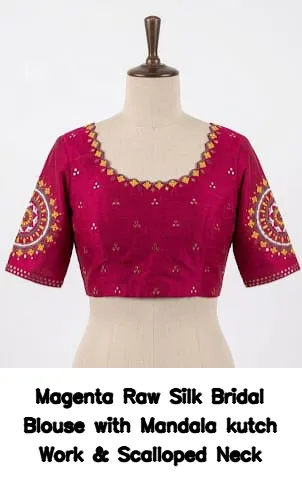 Magenta Raw Silk Bridal Blouse with Mandala kutch Work & Scalloped Neck