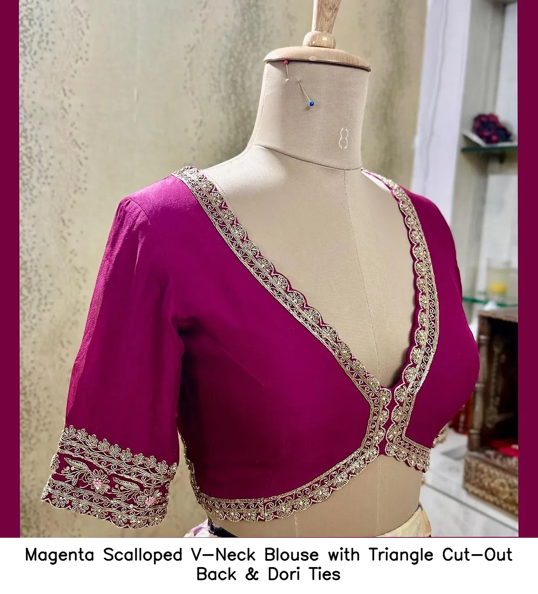 Magenta Scalloped V-Neck Blouse with Triangle Cut-Out Back & Dori Ties