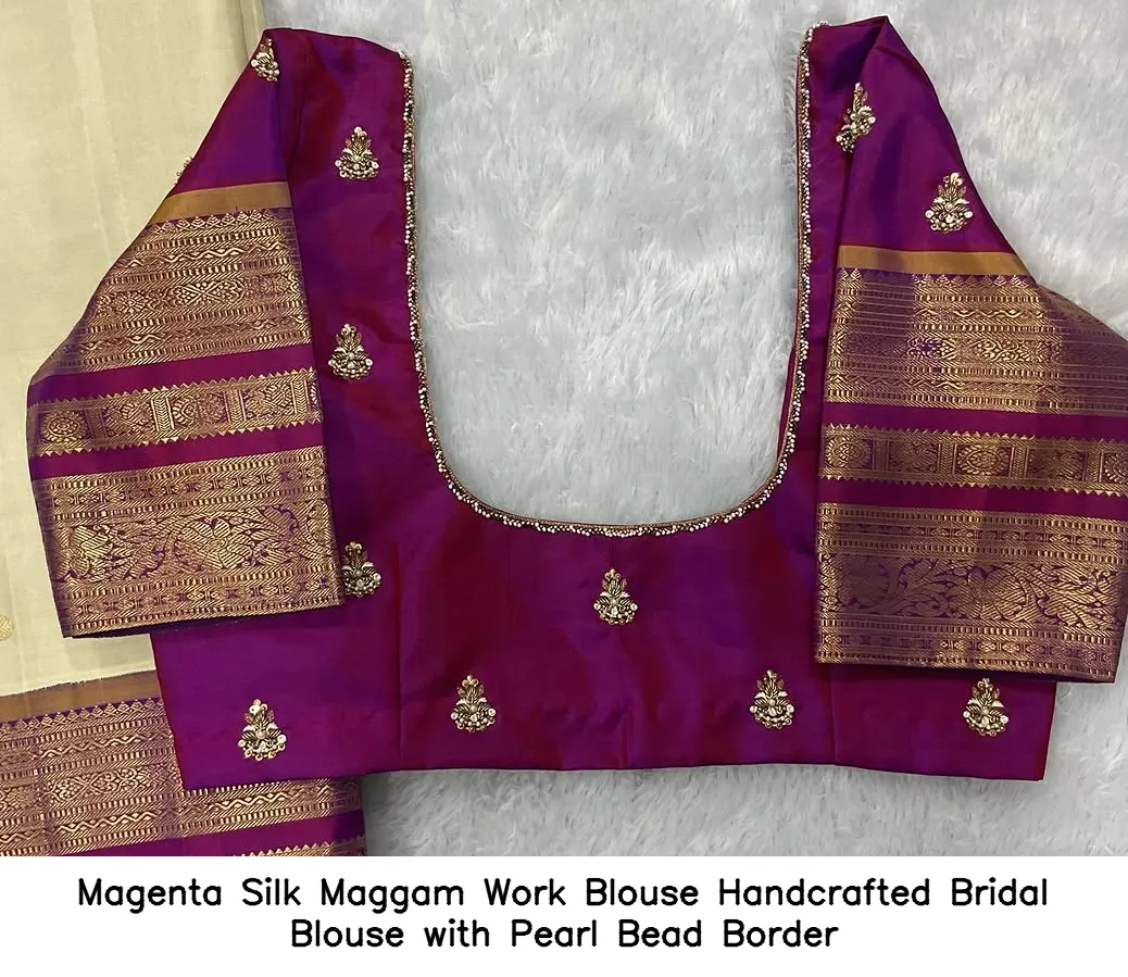 Magenta Silk Maggam Work Blouse – Handcrafted Bridal Blouse with Pearl Bead Border