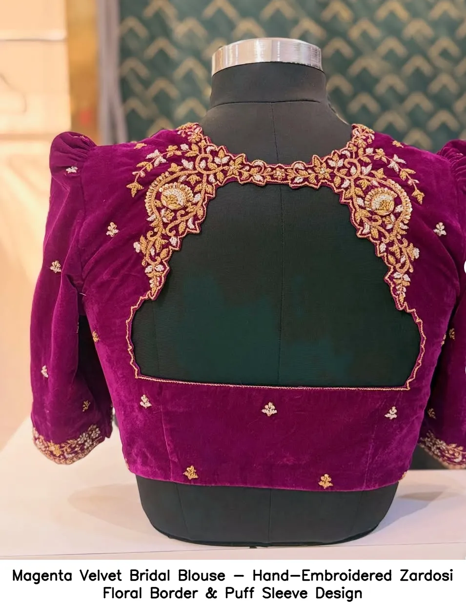 Magenta Velvet Bridal Blouse - Hand-Embroidered Zardosi Floral Border & Puff Sleeve Design