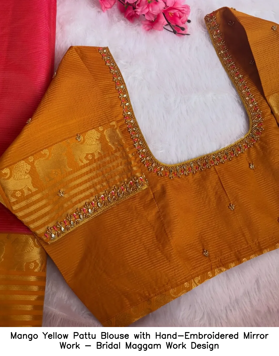 Mango Yellow Pattu Blouse with Hand-Embroidered Mirror Work - Bridal Maggam Work Design