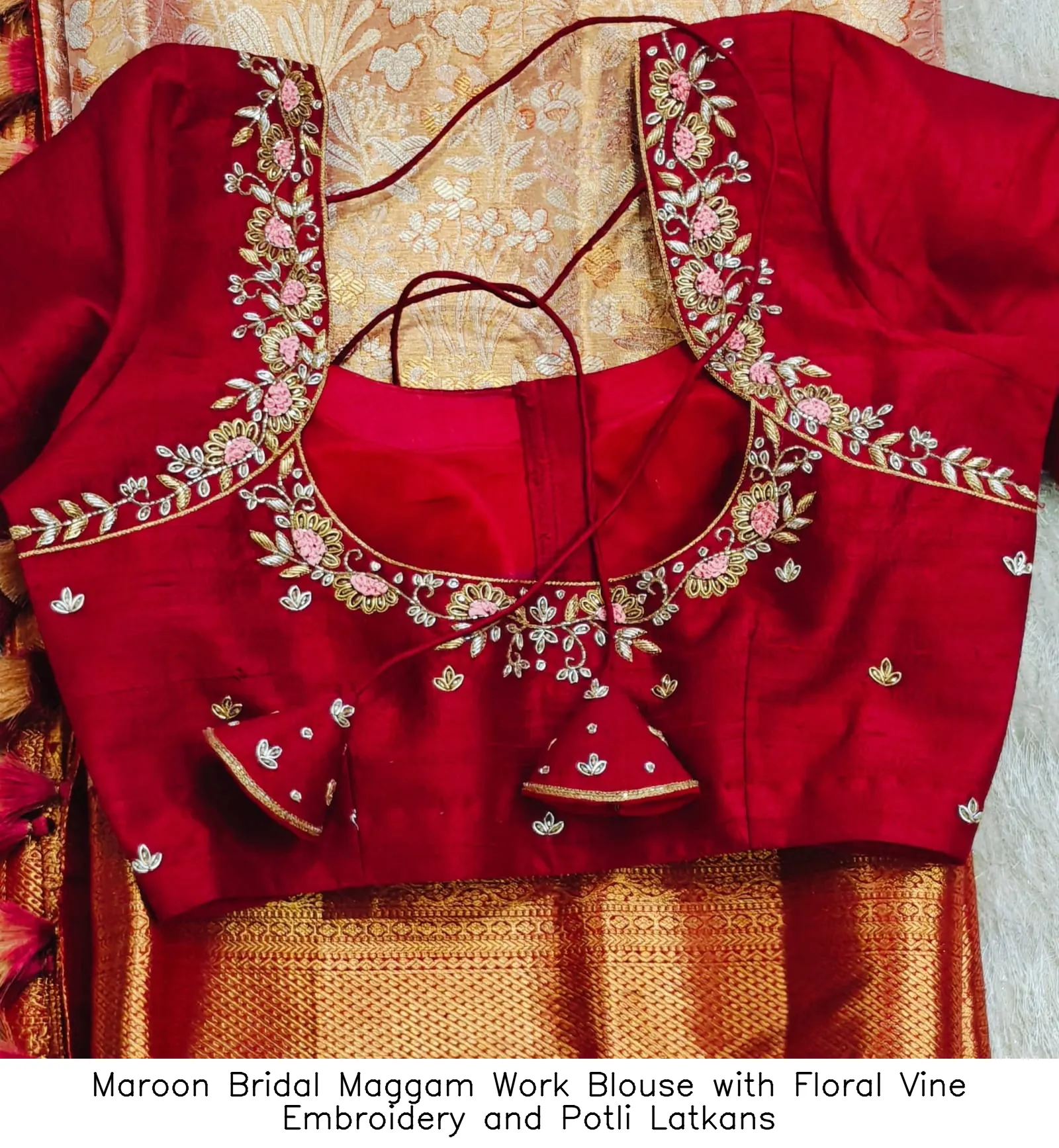Maroon Bridal Maggam Work Blouse with Floral Vine Embroidery and Potli Latkans