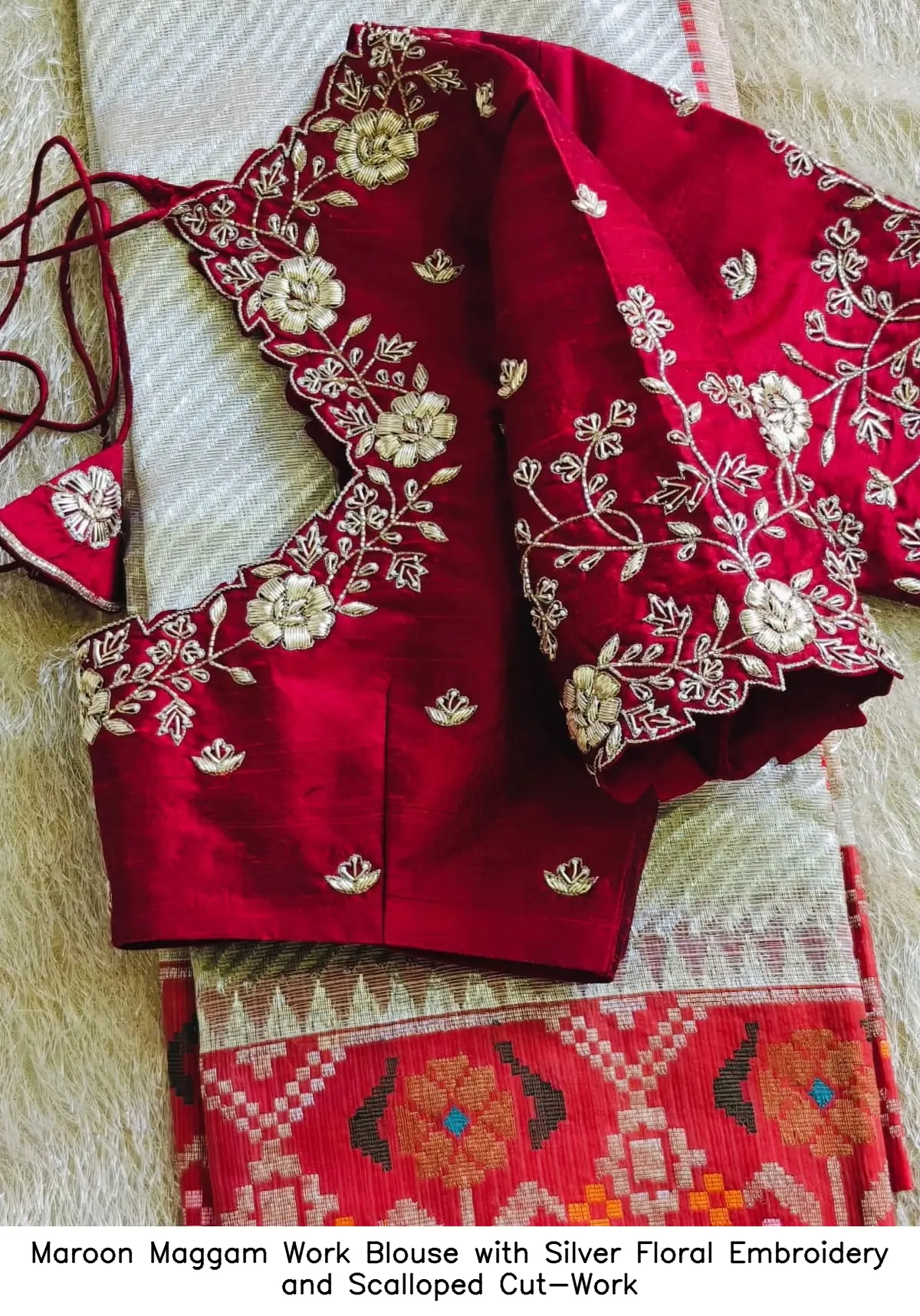 Maroon Maggam Work Blouse with Silver Floral Embroidery and Scalloped Cut-Work