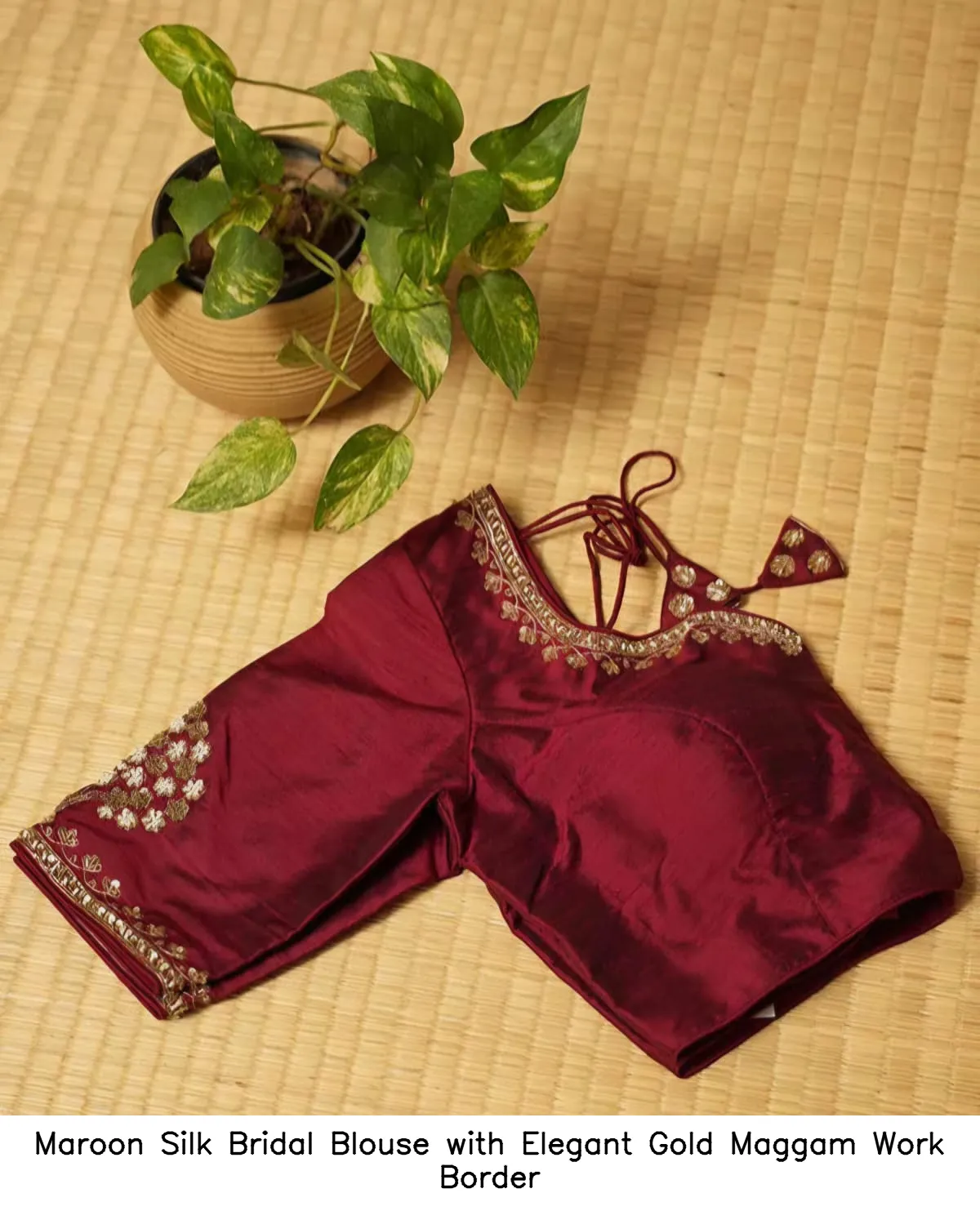 Maroon Silk Bridal Blouse with Elegant Gold Maggam Work Border