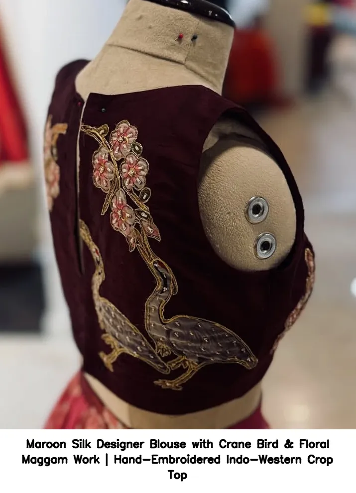 Maroon Silk Designer Blouse with Crane Bird & Floral Maggam Work | Hand-Embroidered Indo-Western Crop Top
