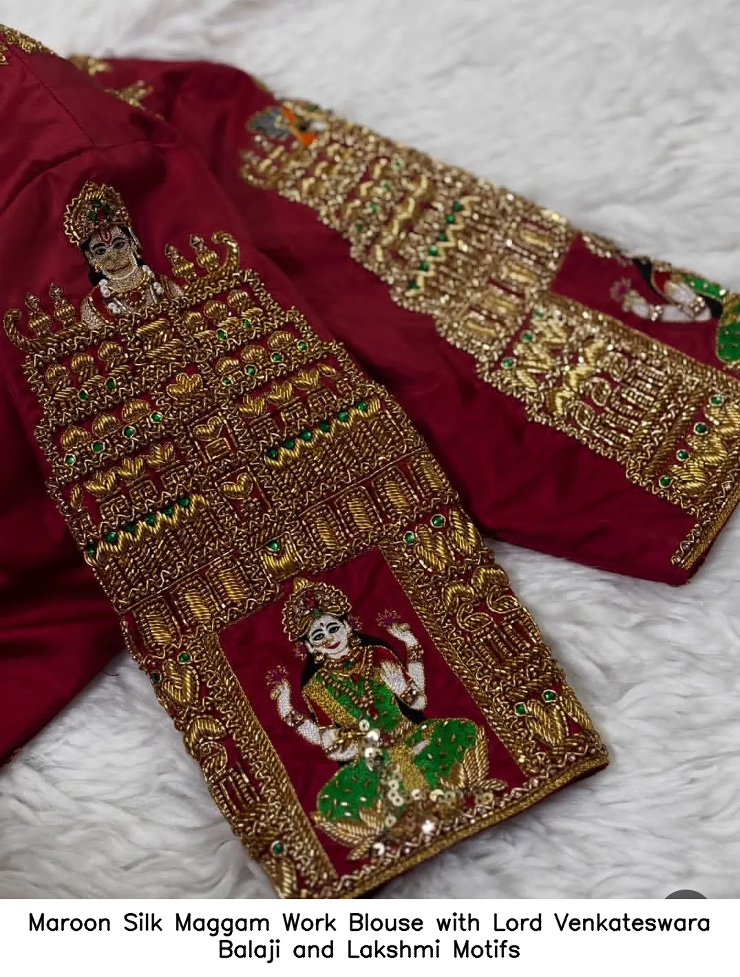 Maroon Silk Maggam Work Blouse with Lord Venkateswara Balaji and Lakshmi Motifs