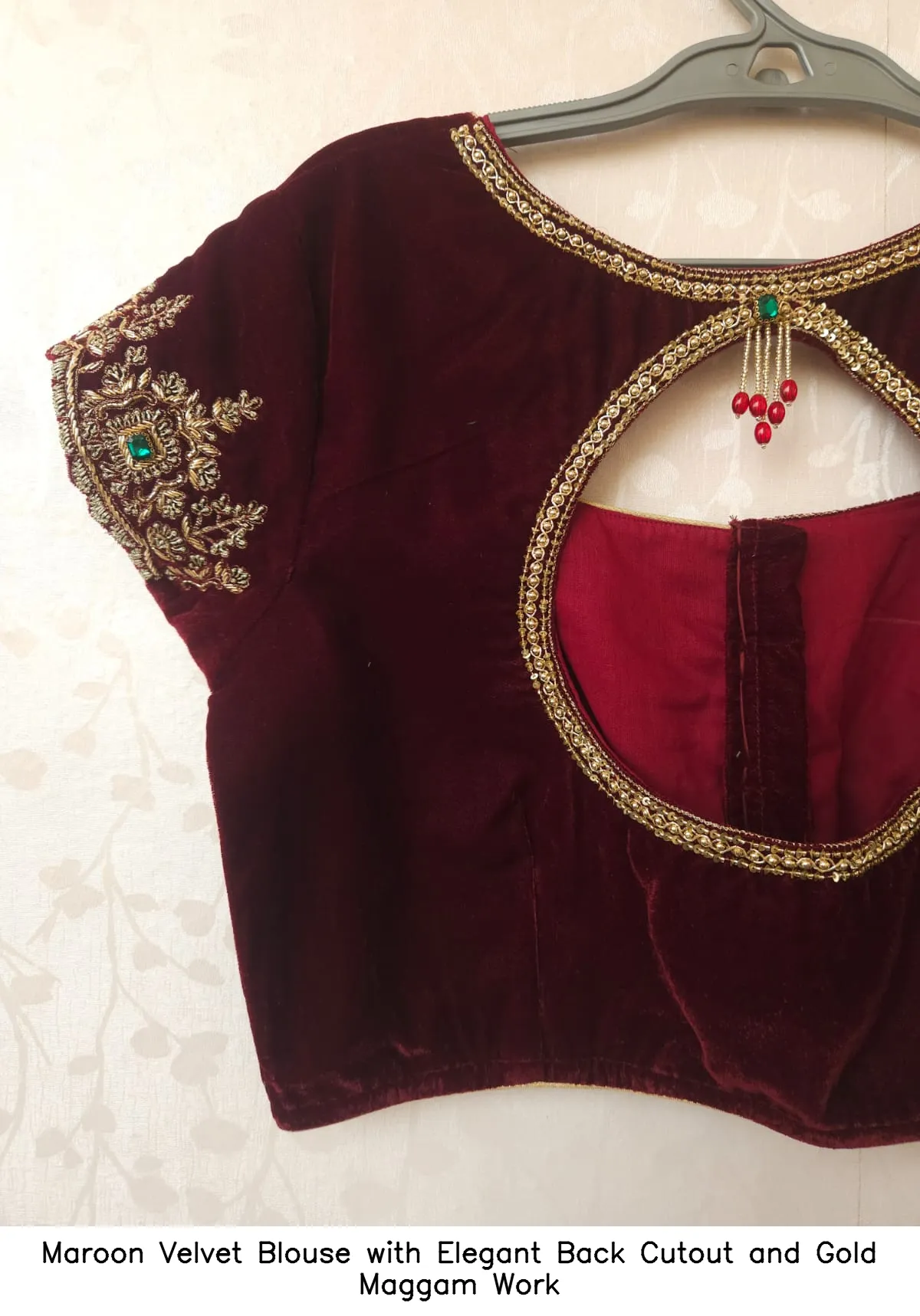 Maroon Velvet Blouse with Elegant Back Cutout and Gold Maggam Work