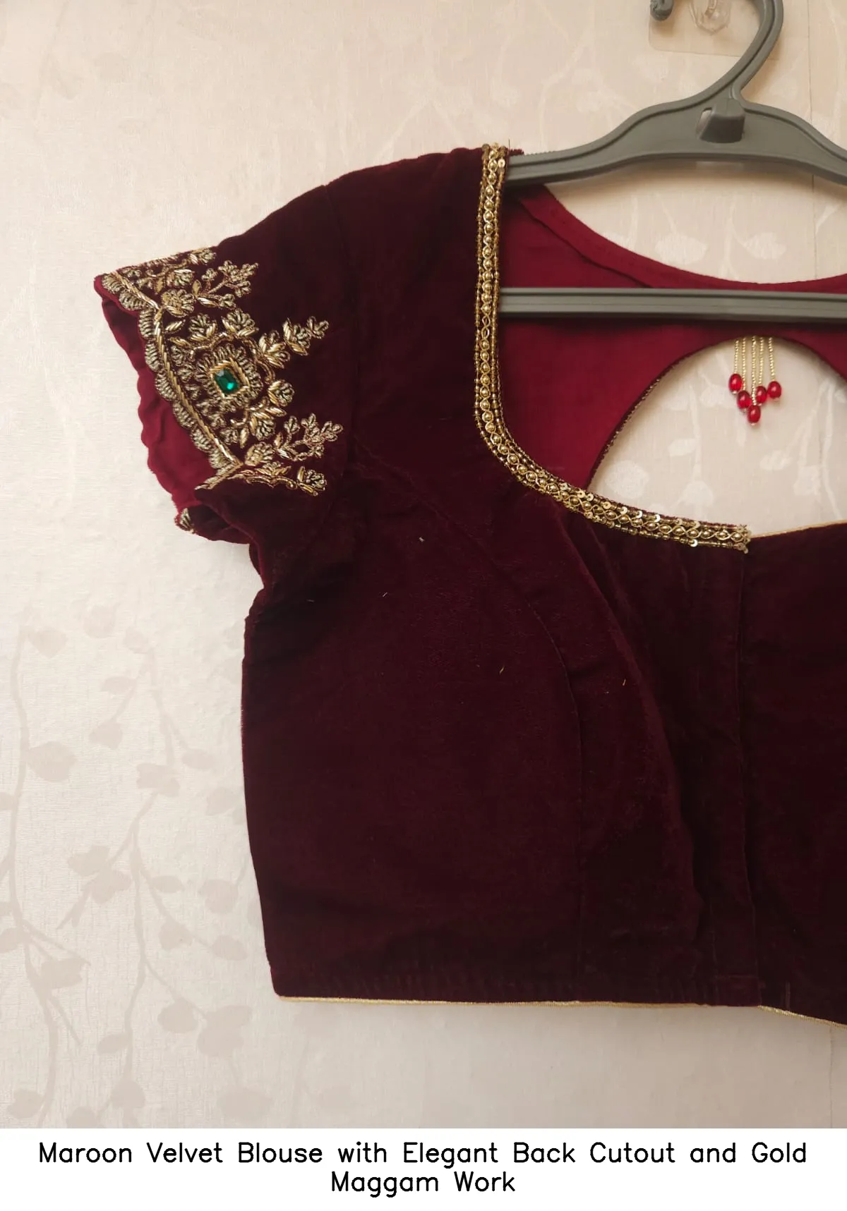 Maroon Velvet Blouse with Elegant Back Cutout and Gold Maggam Work