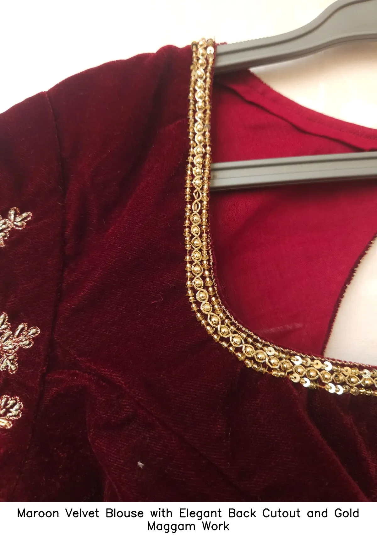 Maroon Velvet Blouse with Elegant Back Cutout and Gold Maggam Work
