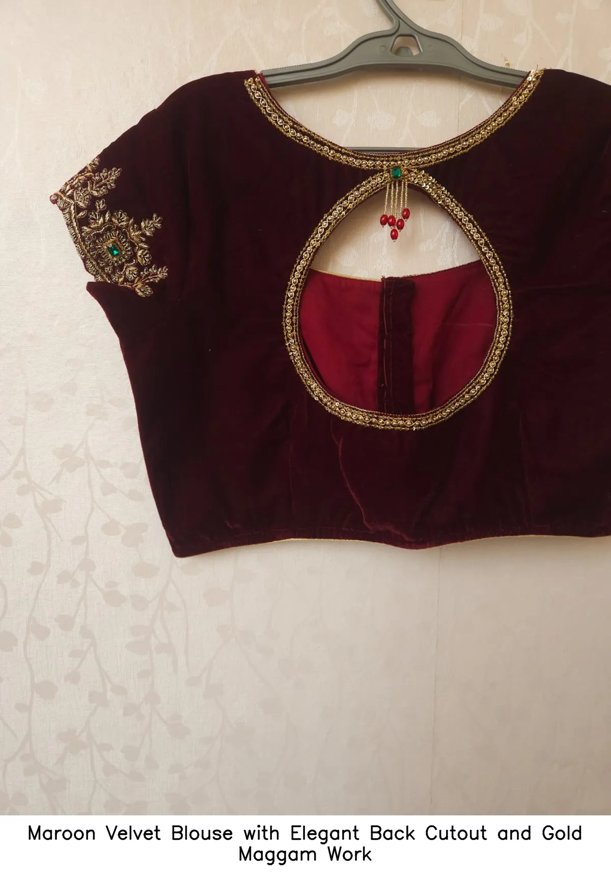 Maroon Velvet Blouse with Elegant Back Cutout and Gold Maggam Work