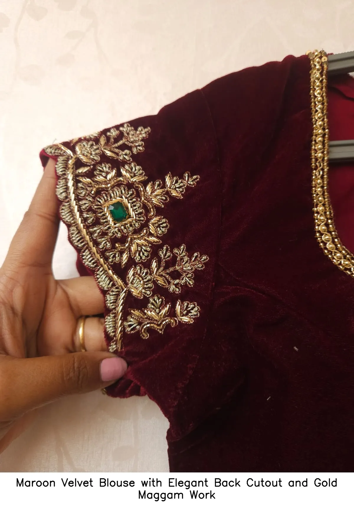 Maroon Velvet Blouse with Elegant Back Cutout and Gold Maggam Work