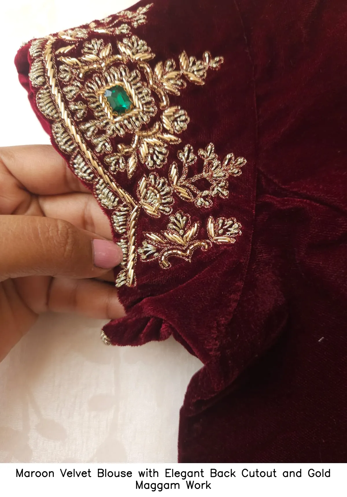 Maroon Velvet Blouse with Elegant Back Cutout and Gold Maggam Work