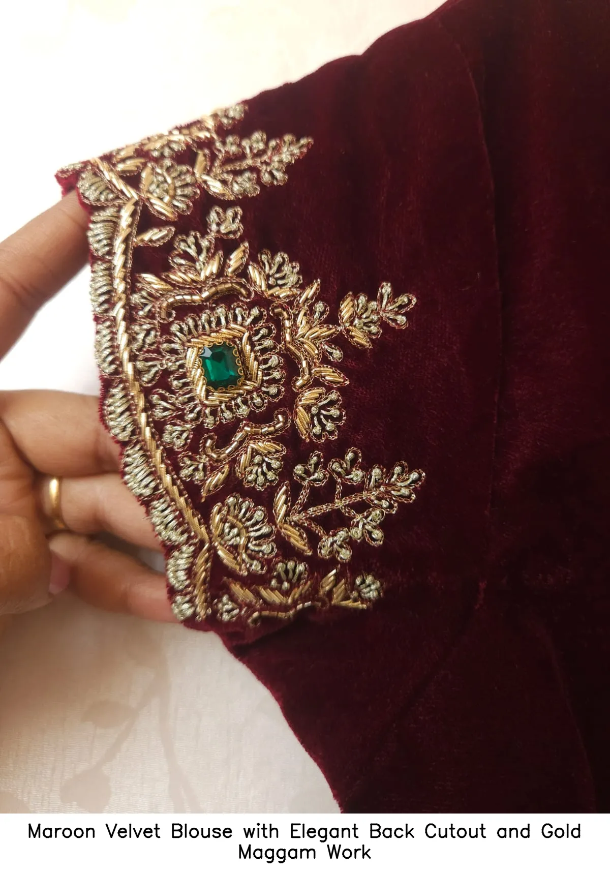 Maroon Velvet Blouse with Elegant Back Cutout and Gold Maggam Work