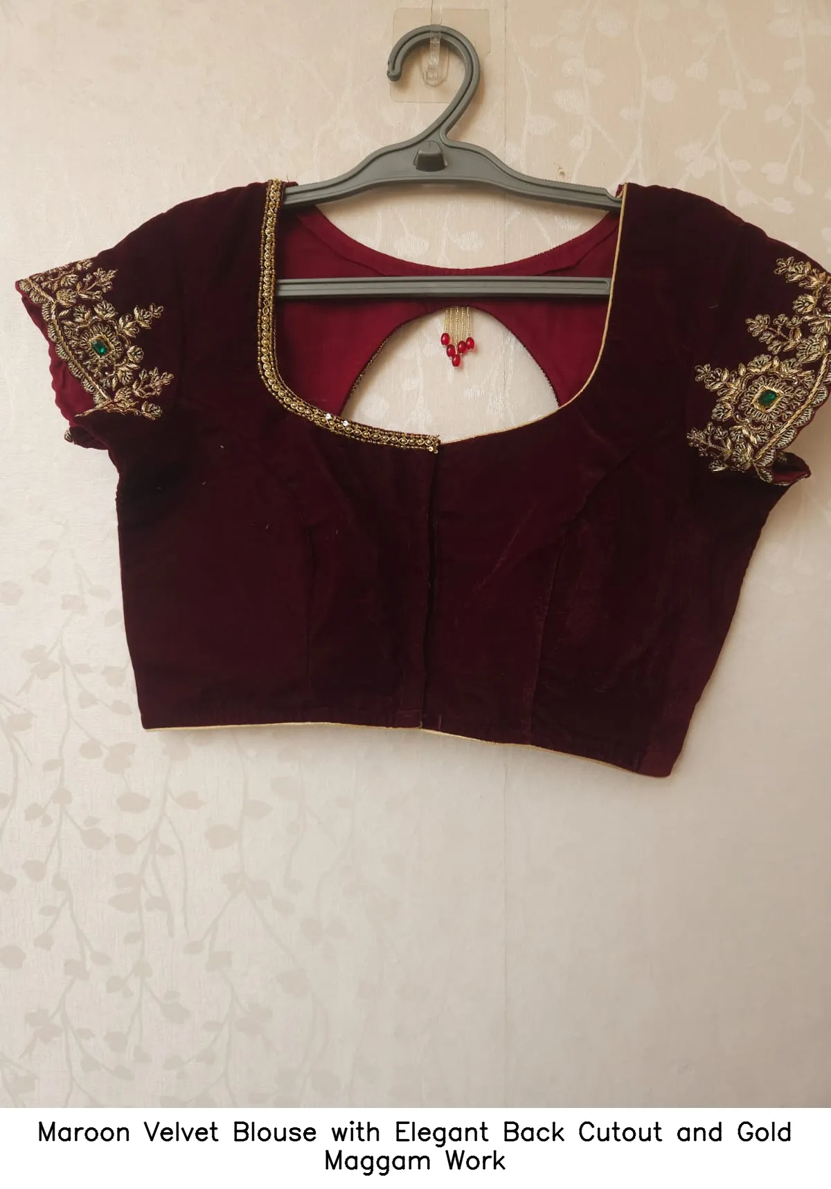 Maroon Velvet Blouse with Elegant Back Cutout and Gold Maggam Work