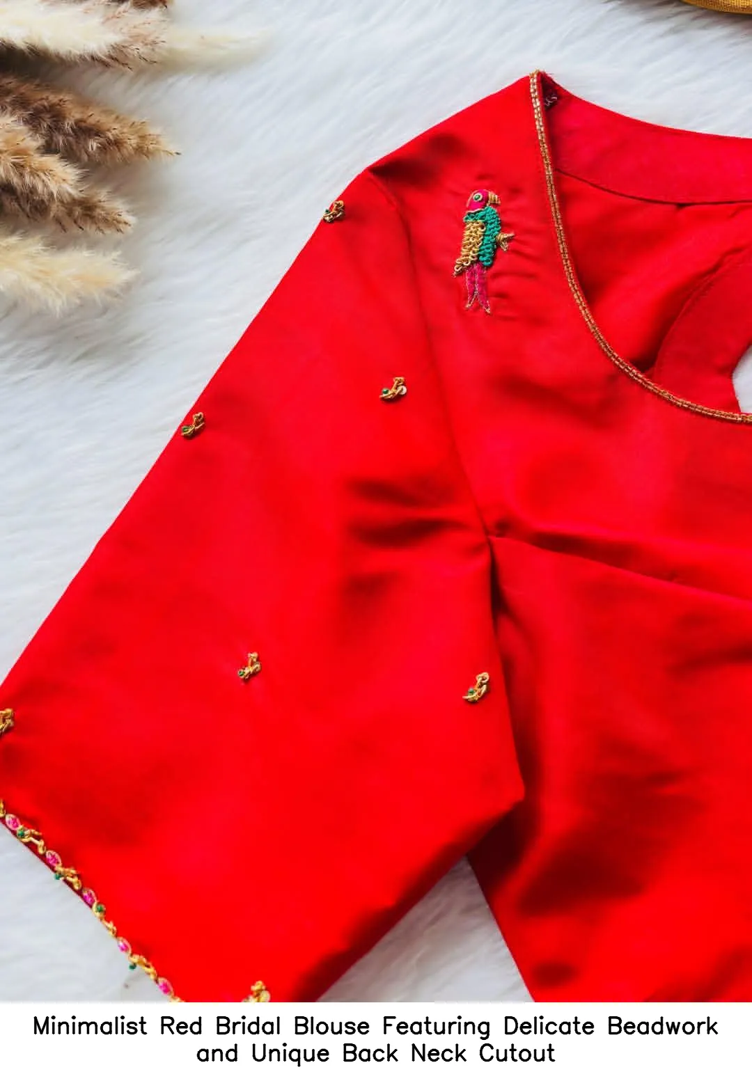 Minimalist Red Bridal Blouse Featuring Delicate Beadwork and Unique Back Neck Cutout