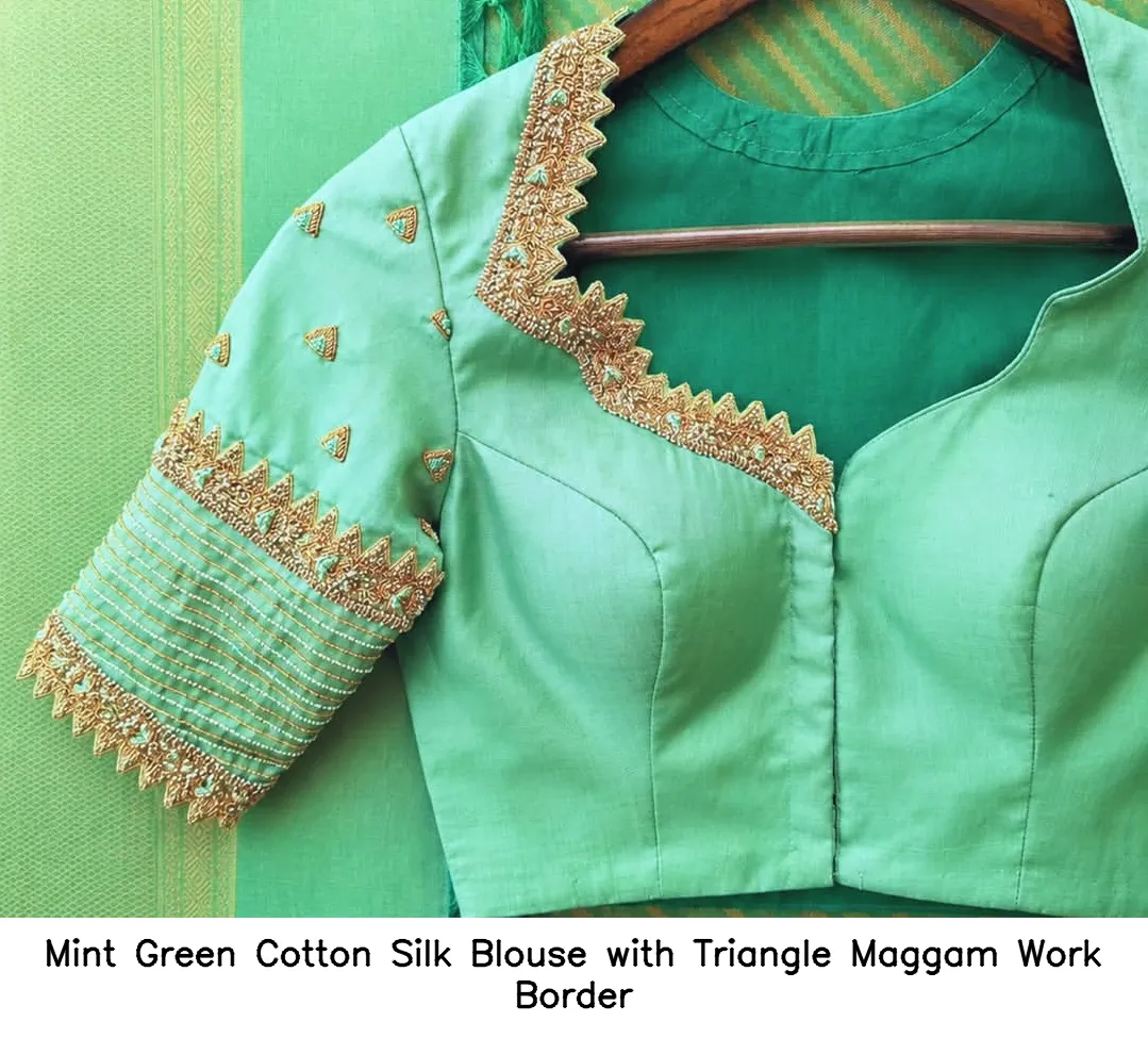 Mint Green Cotton Silk Blouse with Triangle Maggam Work Border