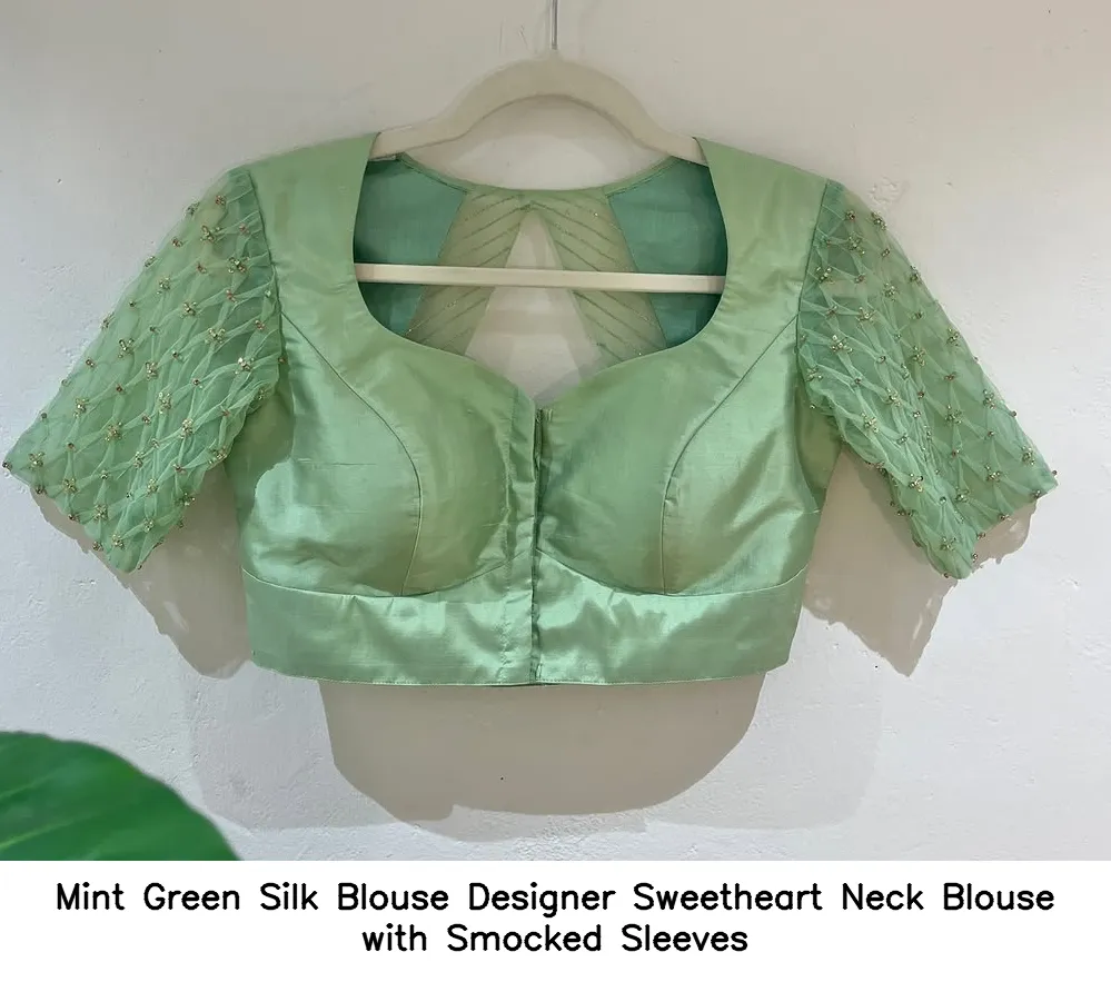 Mint Green Silk Blouse Designer Sweetheart Neck Blouse with Smocked Sleeves