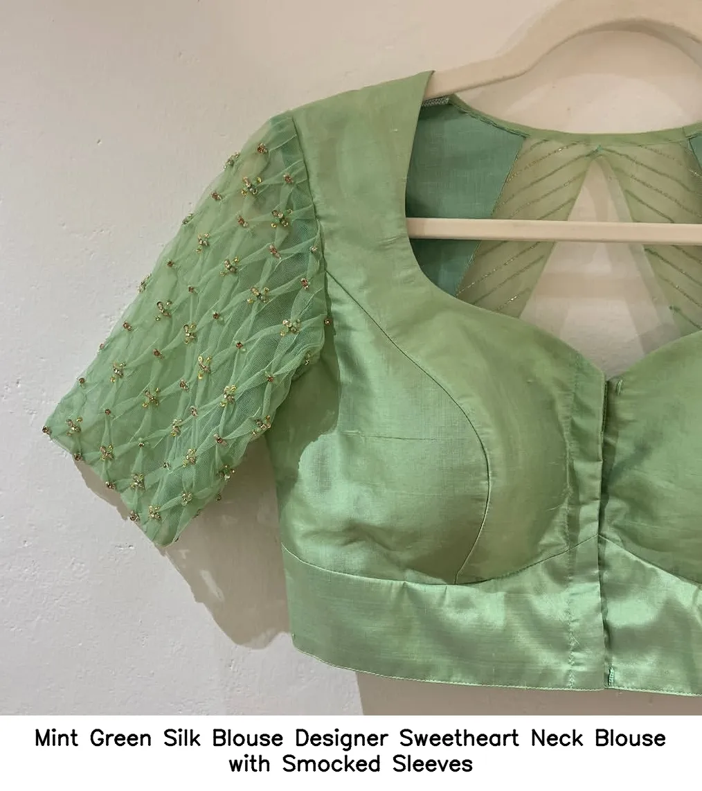 Mint Green Silk Blouse Designer Sweetheart Neck Blouse with Smocked Sleeves