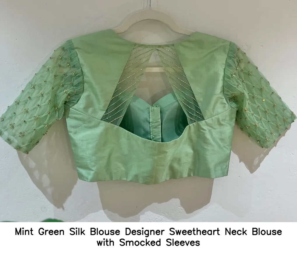 Mint Green Silk Blouse Designer Sweetheart Neck Blouse with Smocked Sleeves