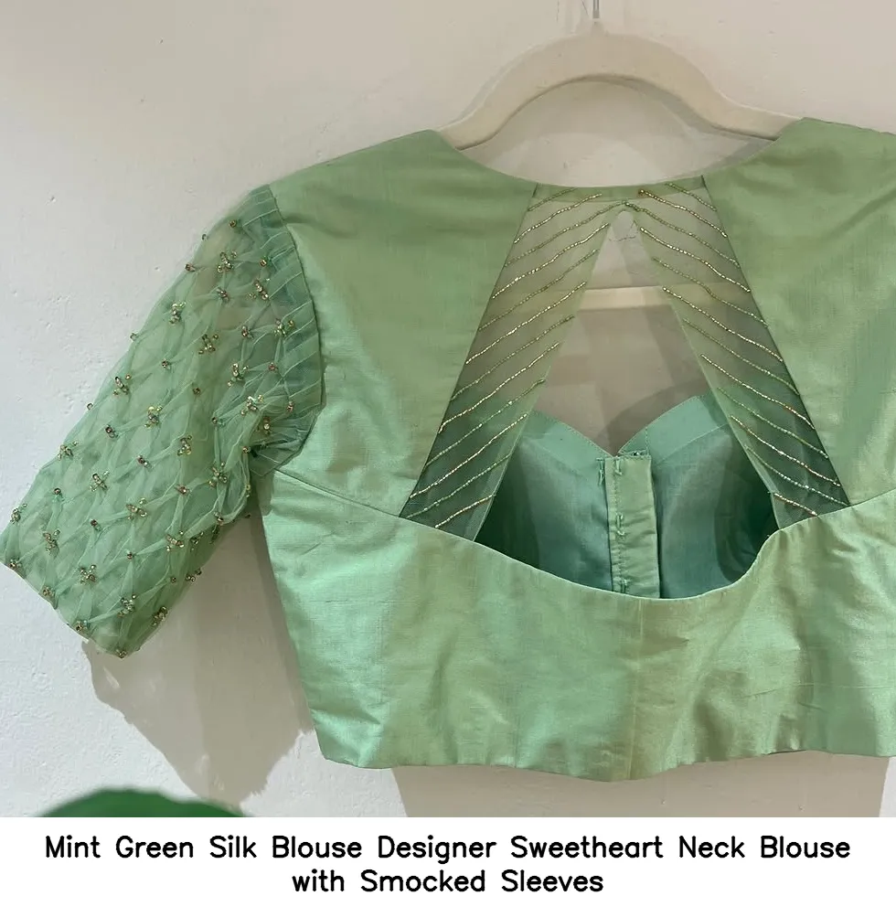 Mint Green Silk Blouse Designer Sweetheart Neck Blouse with Smocked Sleeves