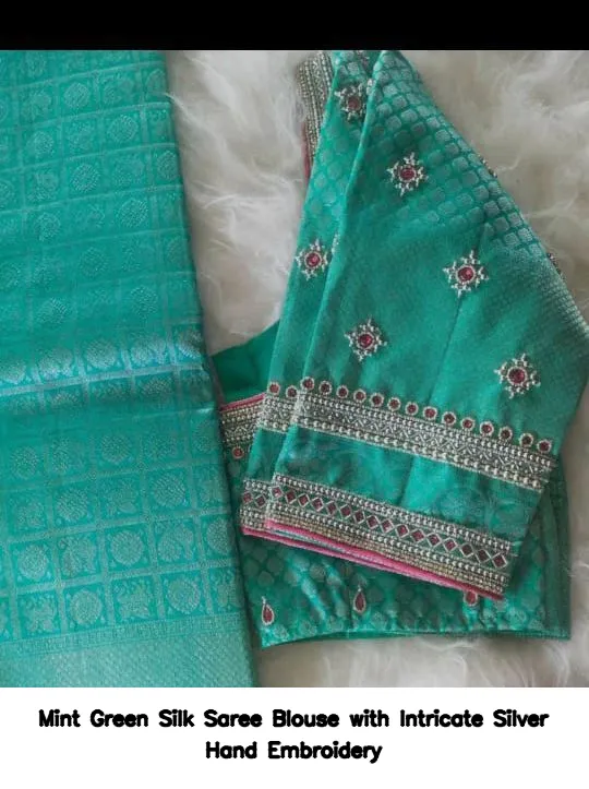 Mint Green Silk Saree Blouse with Intricate Silver Hand Embroidery