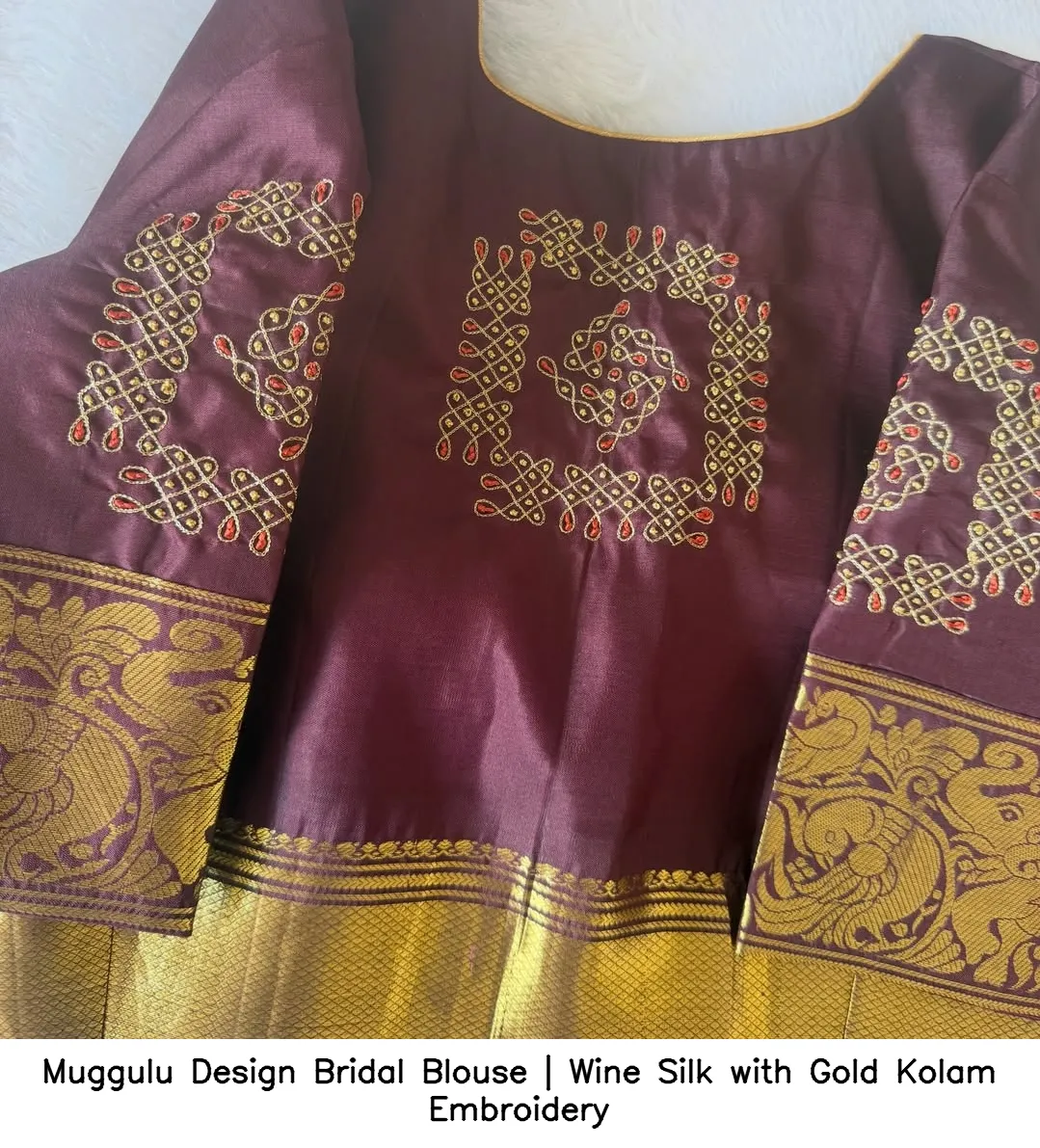 Muggulu Design Bridal Blouse | Wine Silk with Gold Kolam Embroidery