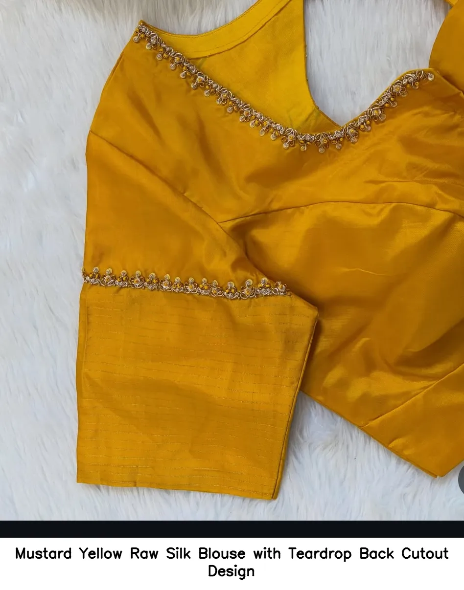 Mustard Yellow Raw Silk Blouse with Teardrop Back Cutout Design