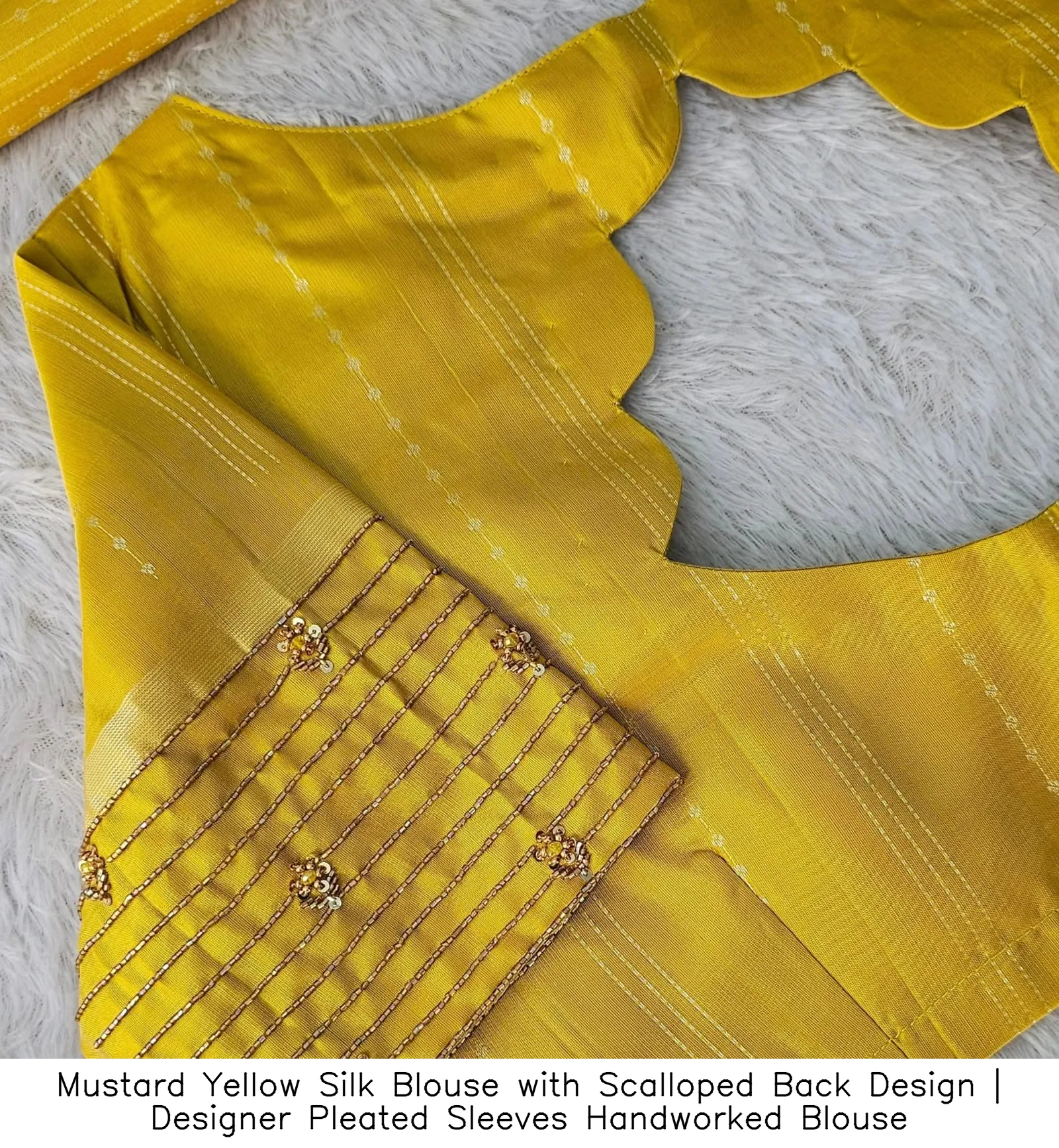 Mustard Yellow Silk Blouse with Scalloped Back Design | Designer Pleated Sleeves Handworked Blouse