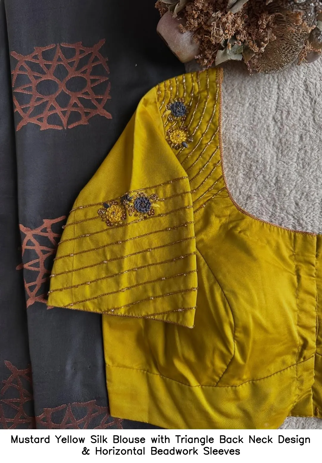 Mustard Yellow Silk Blouse with Triangle Back Neck Design & Horizontal Beadwork Sleeves