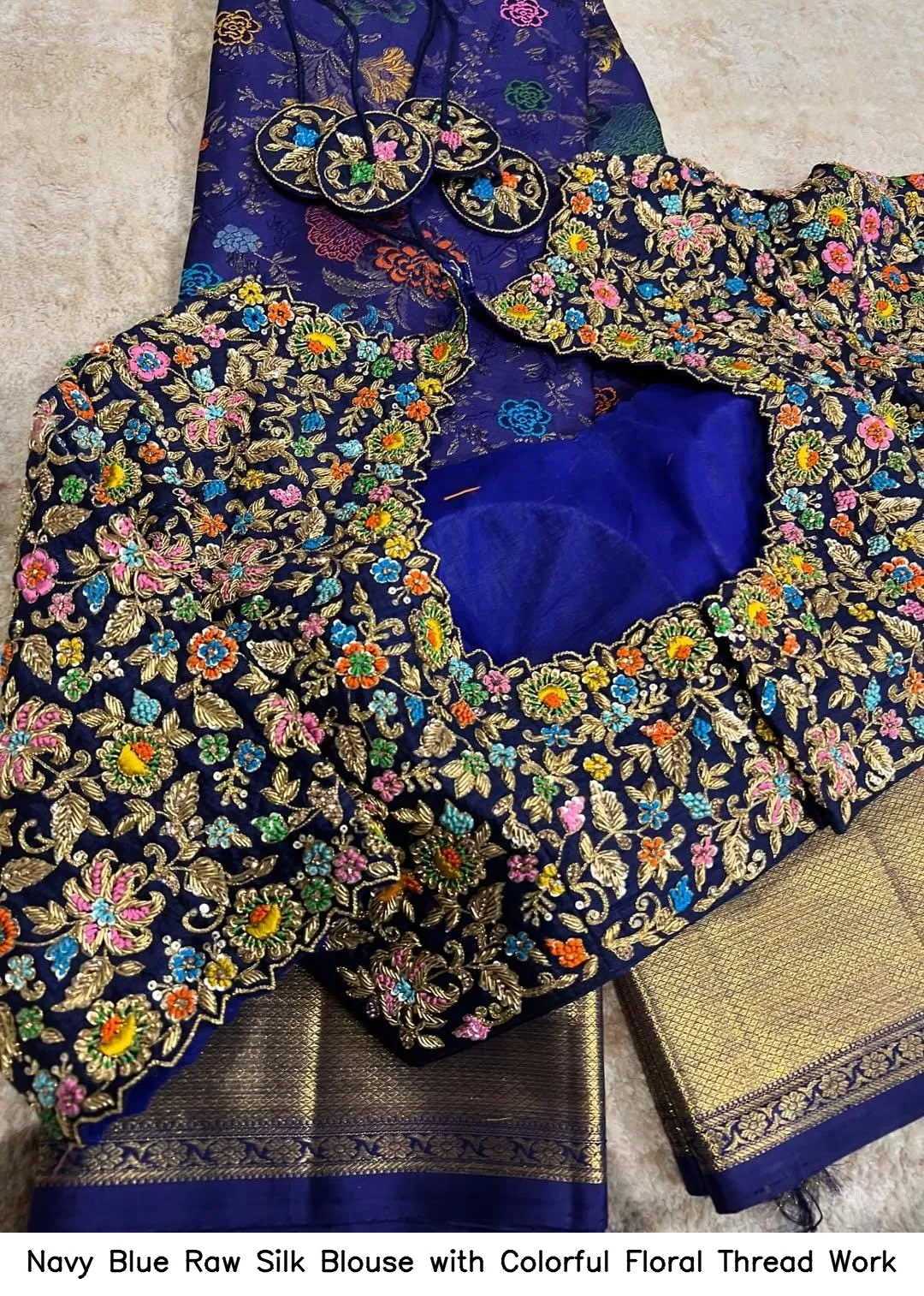 Navy Blue Raw Silk Blouse with Colorful Floral Thread Work