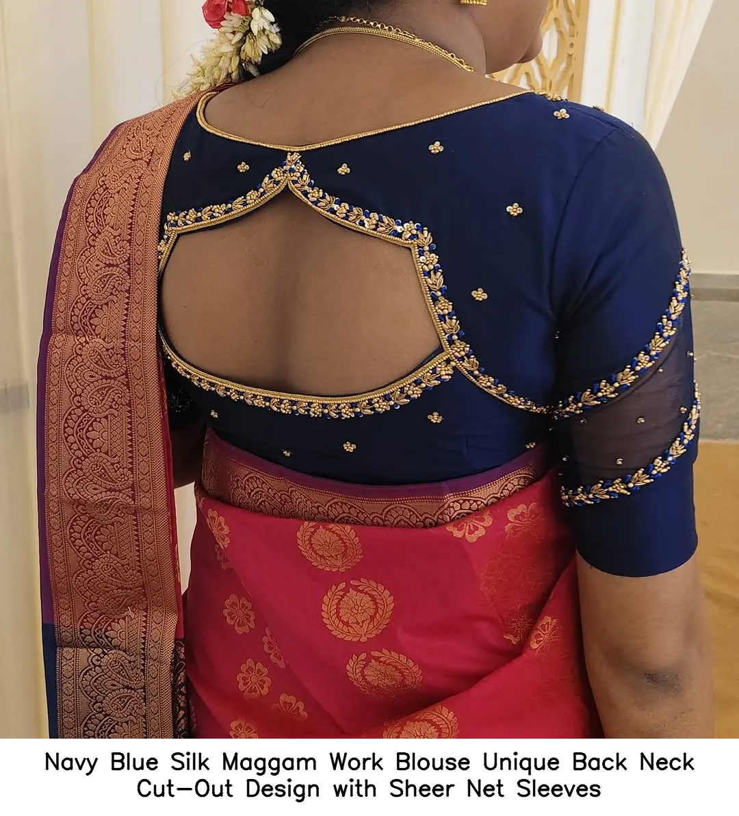Navy Blue Silk Maggam Work Blouse – Unique Back Neck Cut-Out Design with Sheer Net Sleeves