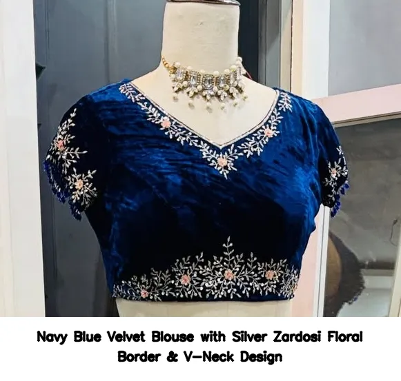 Navy Blue Velvet Blouse with Silver Zardosi Floral Border & V-Neck Design
