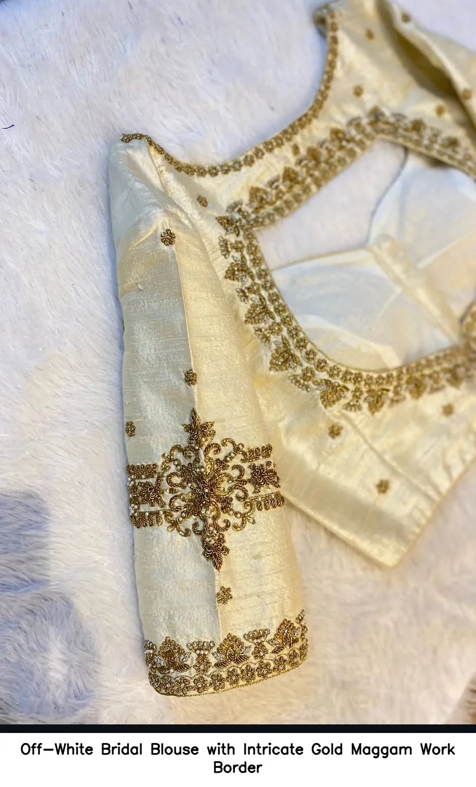 Off-White Bridal Blouse with Intricate Gold Maggam Work Border