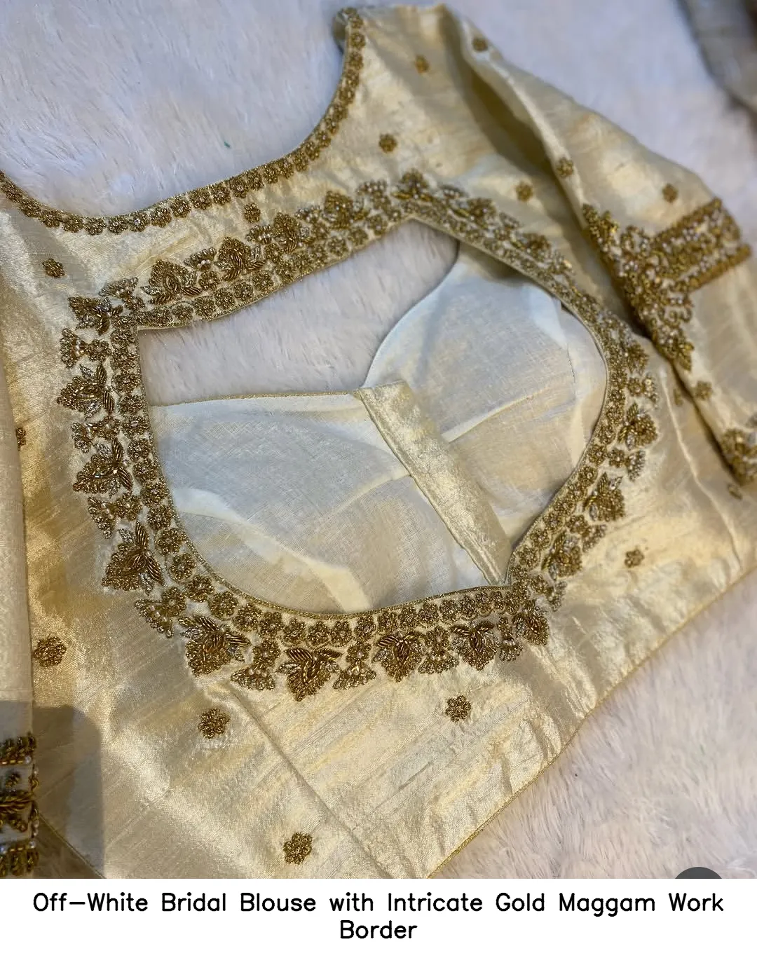Off-White Bridal Blouse with Intricate Gold Maggam Work Border