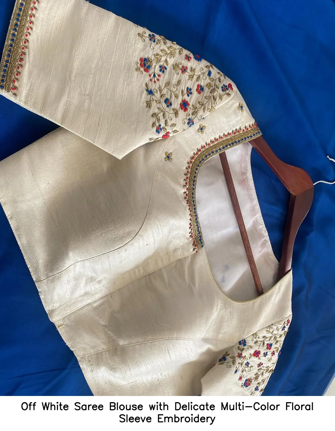 Off White Saree Blouse with Delicate Multi-Color Floral Sleeve Embroidery