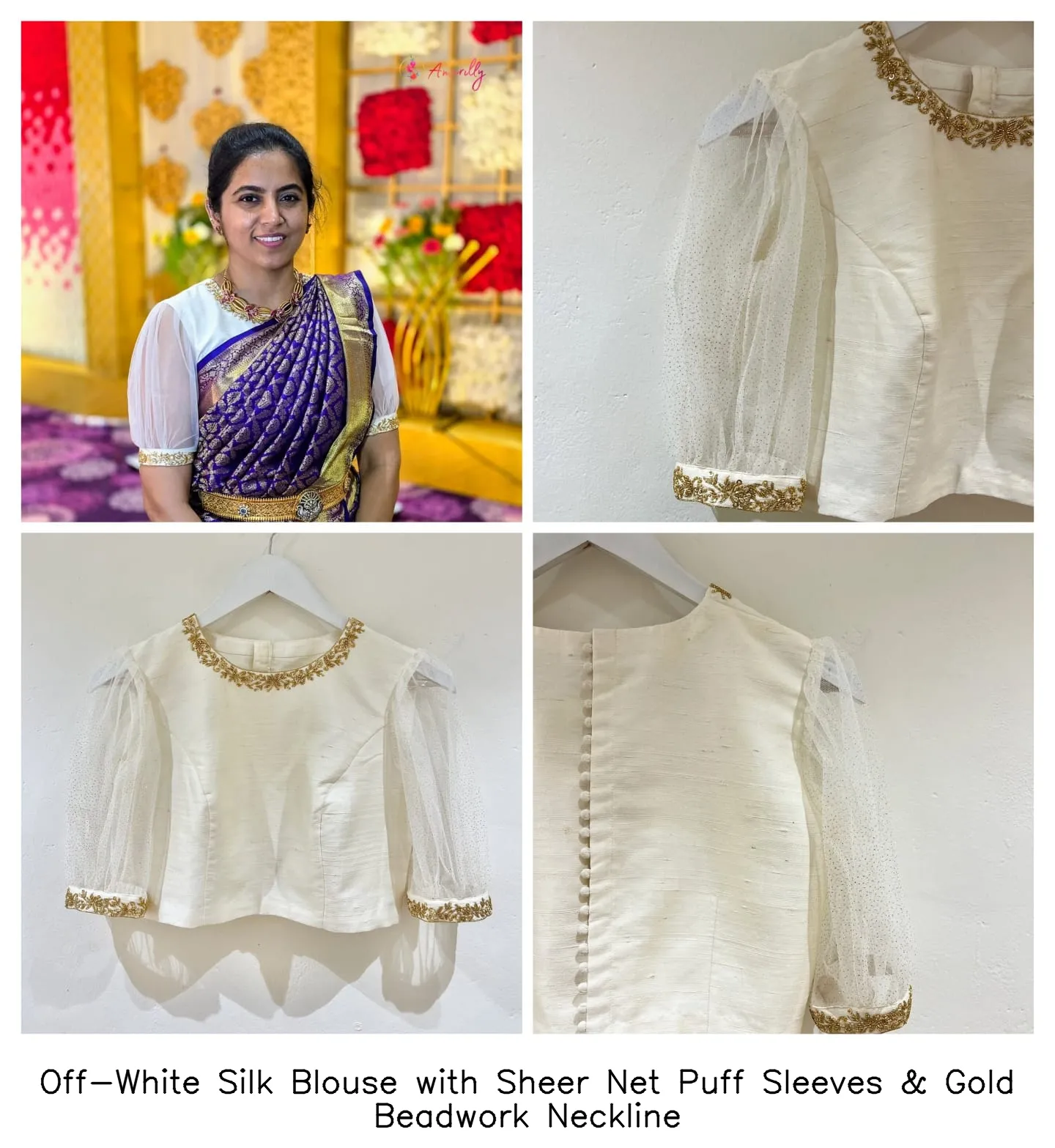 Off-White Silk Blouse with Sheer Net Puff Sleeves & Gold Beadwork Neckline