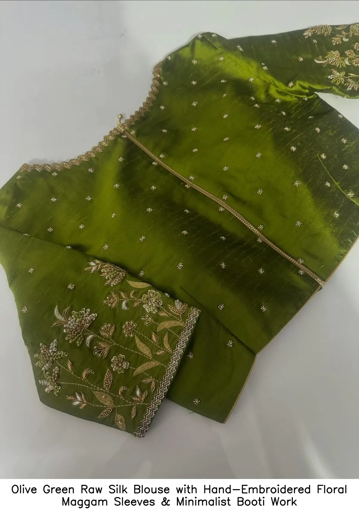 Olive Green Raw Silk Blouse with Hand-Embroidered Floral Maggam Sleeves & Minimalist Booti Work