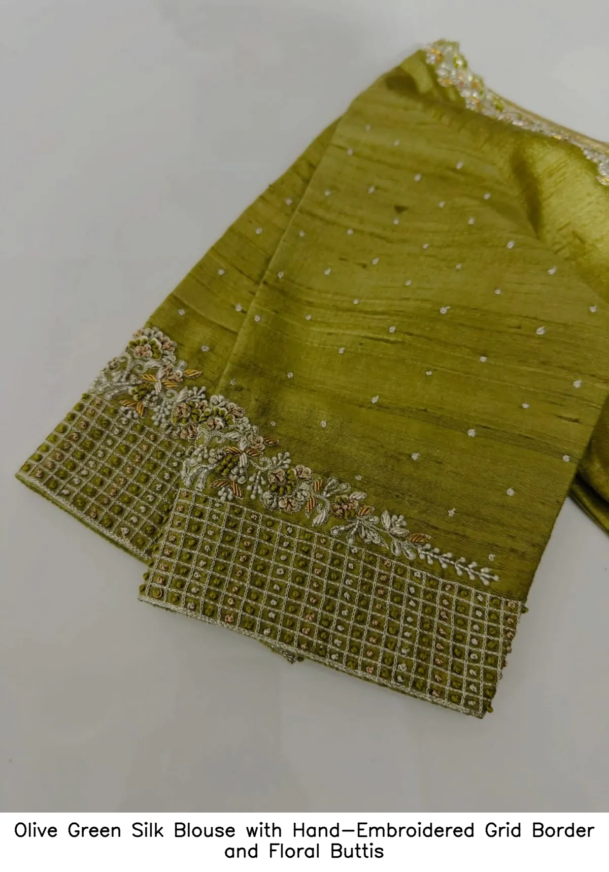 Olive Green Silk Blouse with Hand-Embroidered Grid Border and Floral Buttis