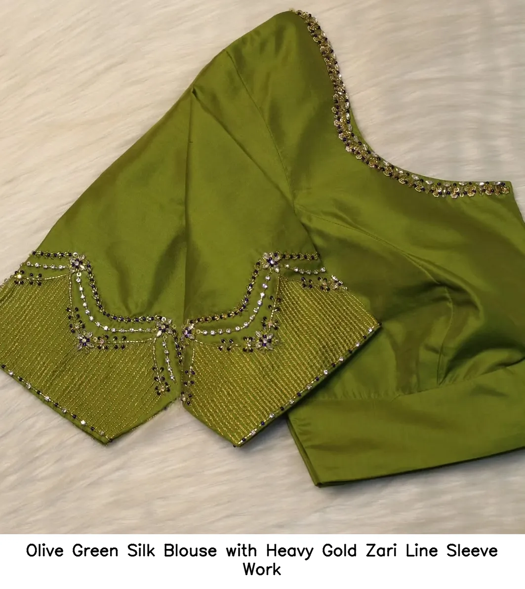 Olive Green Silk Blouse with Heavy Gold Zari Line Sleeve Work
