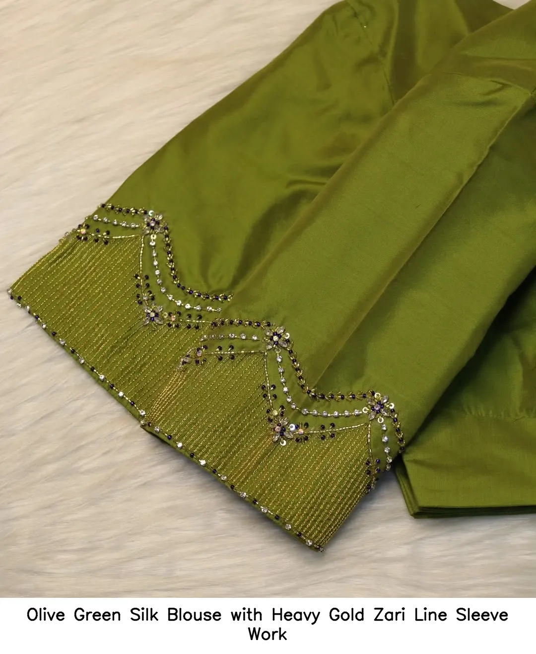 Olive Green Silk Blouse with Heavy Gold Zari Line Sleeve Work