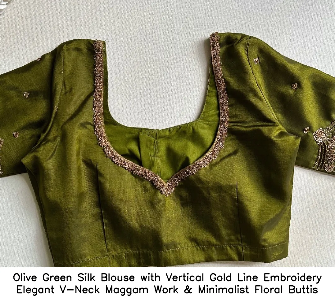 Olive Green Silk Blouse with Vertical Gold Line Embroidery – Elegant V-Neck Maggam Work & Minimalist Floral Buttis