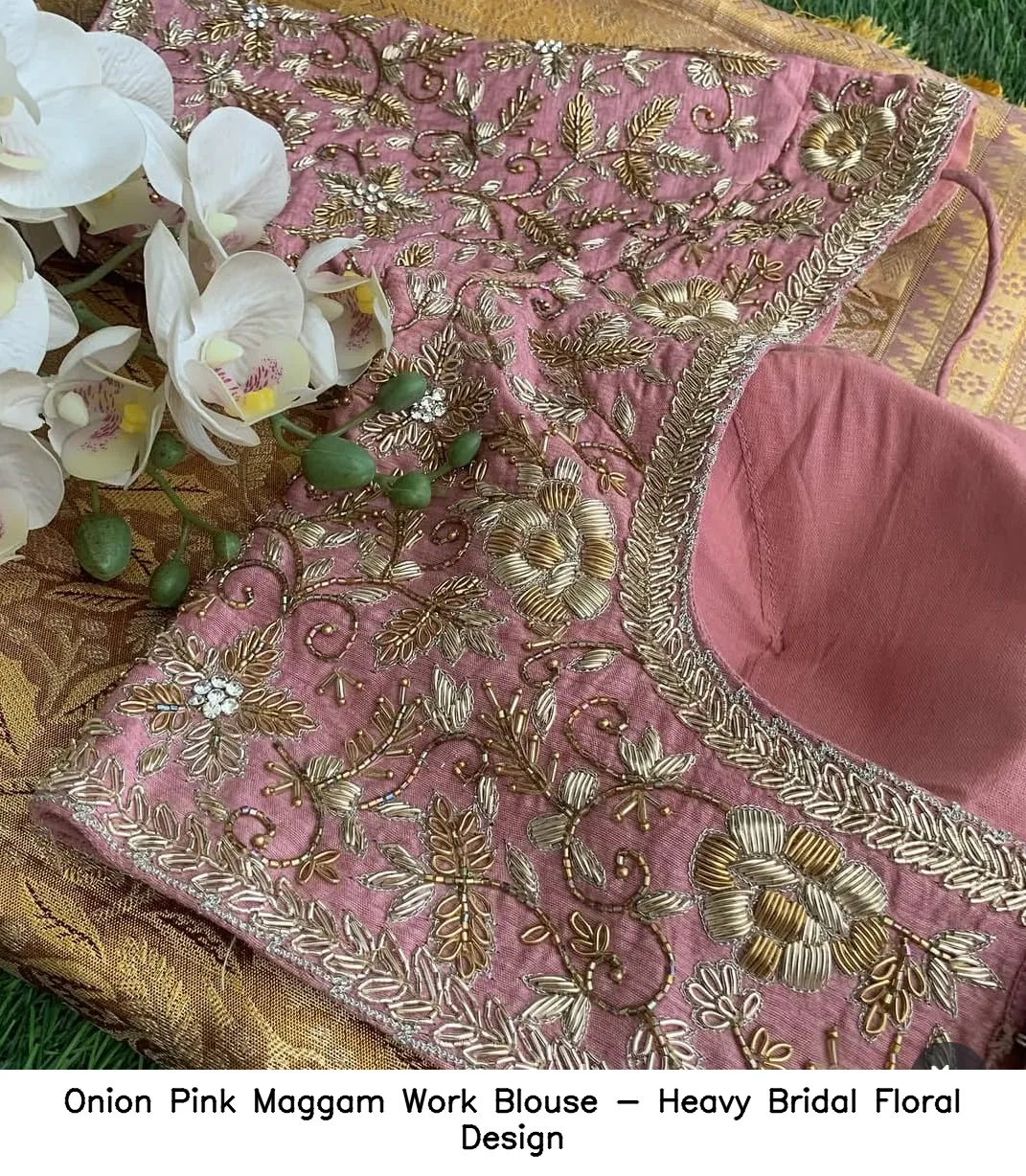Onion Pink Maggam Work Blouse - Heavy Bridal Floral Design