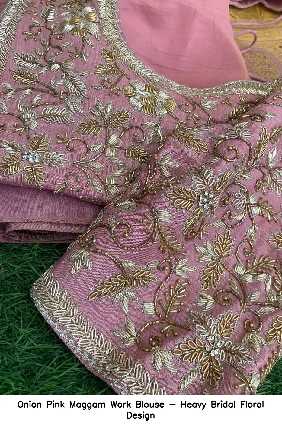 Onion Pink Maggam Work Blouse - Heavy Bridal Floral Design