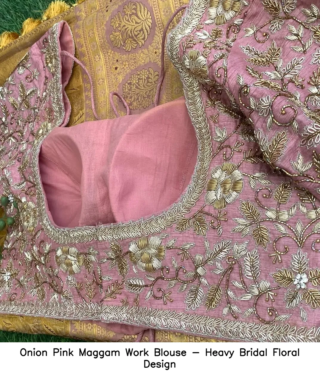 Onion Pink Maggam Work Blouse - Heavy Bridal Floral Design