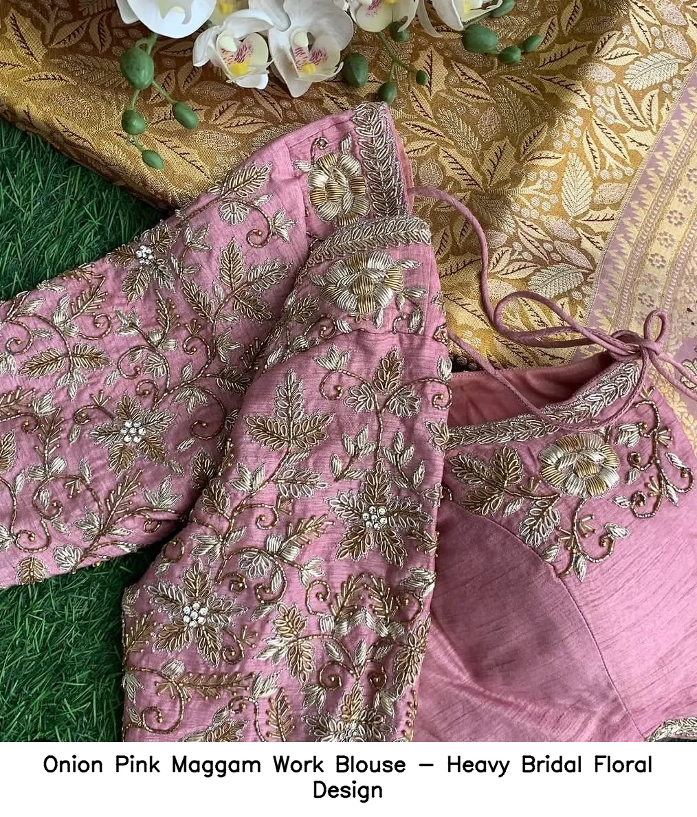 Onion Pink Maggam Work Blouse - Heavy Bridal Floral Design