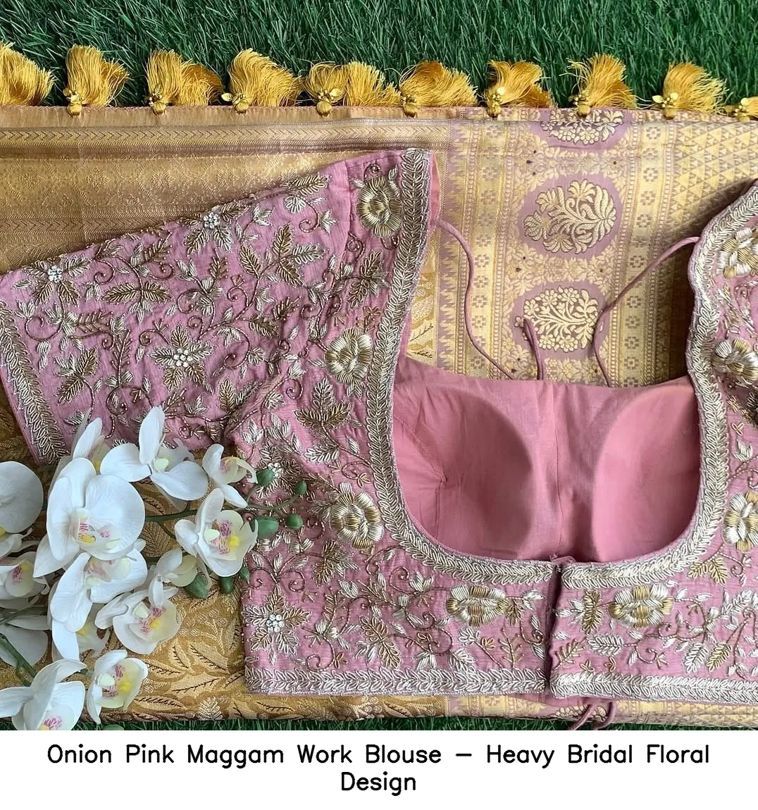 Onion Pink Maggam Work Blouse - Heavy Bridal Floral Design